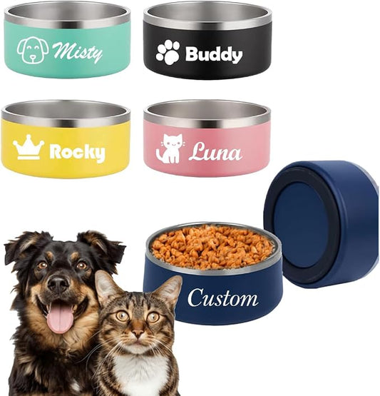 Personalized Cat Dog Bowl with Name Custom Stainless Steel Pet Bowls Customized Non Slip Durable Engraved Double Layer Reinforcement Cat Water Food Bowl for Pet's Present 16 oz.