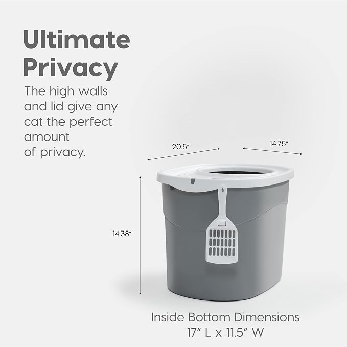 IRIS USA Large Top Entry Cat Litter Box with Lid, Enclosed Covered Cat Litter Box for Indoor Cats, Dog Proof Design, Odor Control, Litter Tracking Reduction, Scoop Included, Gray/White