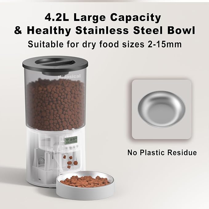 Automated Cat Feeder,Clear 4.2L Dry Food Dispenser with Single Bowl,Programmable Timed Pet Feeder for Up to 6 Daily Meals,10-Second Voice Message & Dual Power Backup (White, 4.2L Press Version)