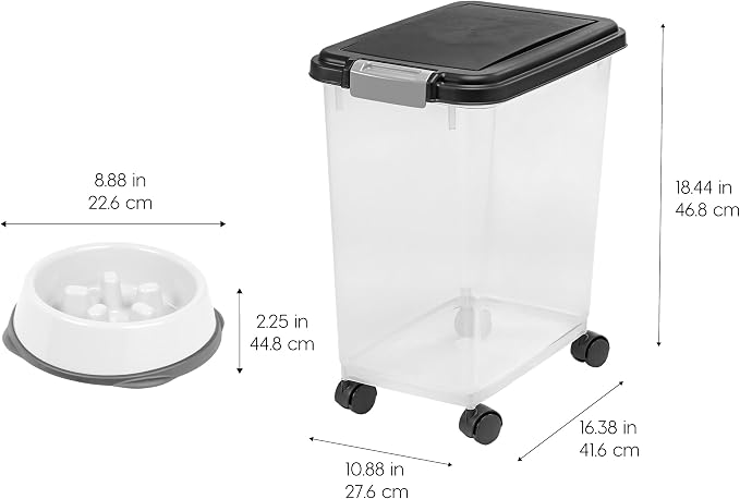 IRIS USA Dog Food Container & Slow Feeder Bowl, Up to 30 lbs, Black | Includes 2-Cup Sccop & Wheels, Airtight Seal, BPA-Free, Bird Seed, Cat food, Cat Litter, Treats, Short Snout Bowl
