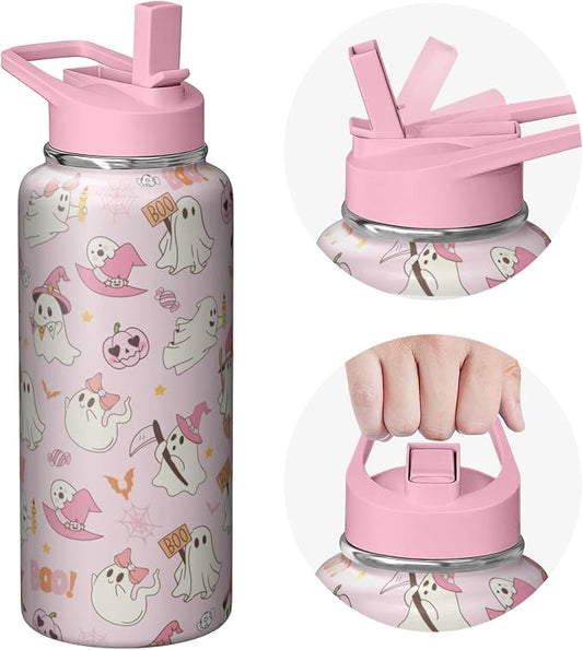 32oz Halloween Pink Boo Insulated Aater Water Bottle with Straw,Halloween Gym Hiking Sports Coffee Mug Cup Water Bottles,Halloween Gifts for Women,Halloween Decor Stuff Accessories
