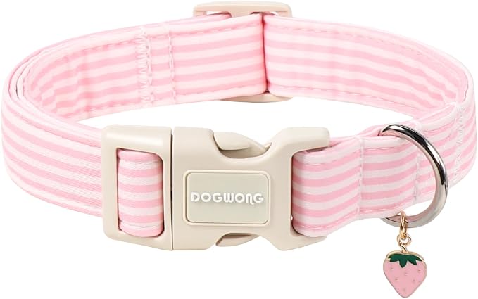 DOGWONG Pink Dog Collar, Spring Summer Girl Dog Collar with Plastic Buckle, Strawberry Striped Female Dogs Collars for Small Medium Dogs, Neck 14-21 inches