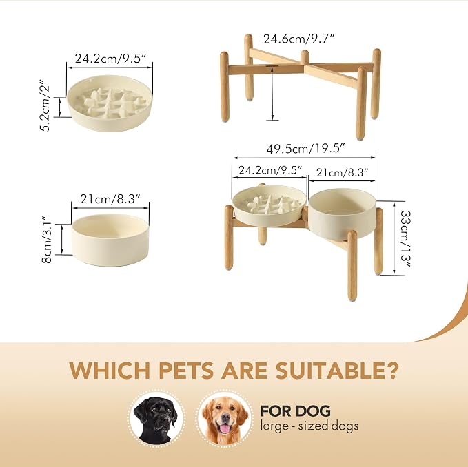Havniva 9.5” Raised Slow Feeder Dog Bowls Set, 3.2 Cups Ceramic Slow Feeder Dog Bowl and 8.2” Dog Water Bowl with Elevated Wooden Stand Puzzle Dog Food Bowl for Large Dogs Anti-Gulping & Anti-Choking