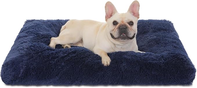 Bedfolks Waterproof Dog Crate Bed, Plush Dog Pad, 29"x21", Solid Dark Blue | Faux Fur Plush Cover, Zippered Removable Washable Outer, Waterproof Inner Lining, Non-Slip Base, Crate Pad and Dog Pillow