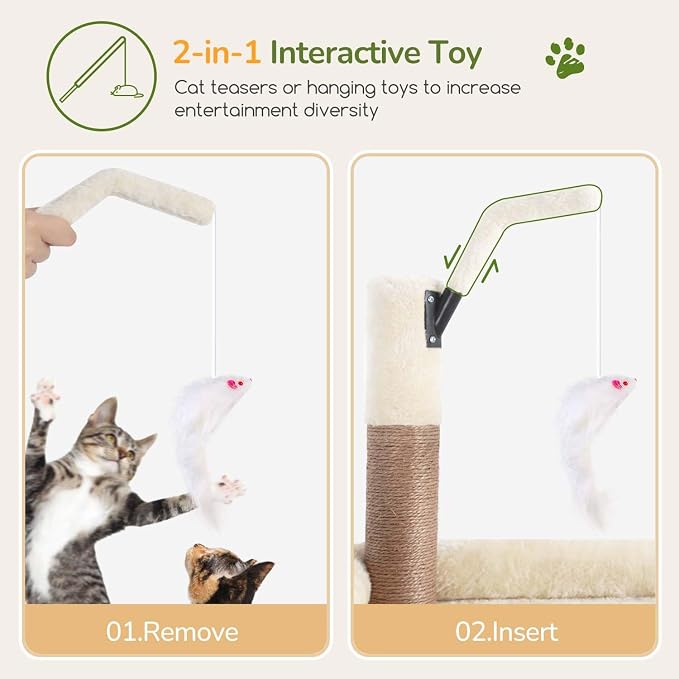 Globlazer F74B Cat Tree for Indoor Cats Large Adult, Multi-Cat, Beige | Easy Setup, 74in Tall Tower, Oversized Top Perch, 2 Large Condos, Hanging Basket, 5 Sisal Scratching Posts, Anti-Topple Strap