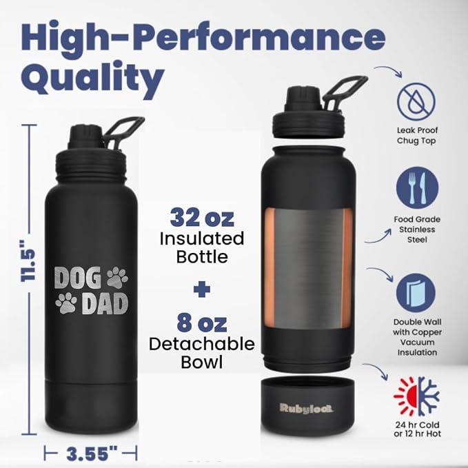 Dog Dad Water Bottle – 32 oz Stainless Steel Double Wall Insulated with 8 oz Detachable Bowl on Bottom – Cool Dog Dad Gifts for Father's Day, Hiking, Walking, Travel & Everyday Adventures – DD Black