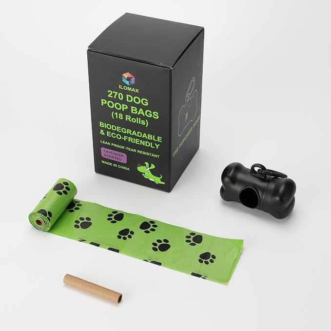 ILOMAX Dog Poop Bags with Dispenser, 270 Unscented Waste Bags (38% Plant-Based), Extra Thick Leak-Proof Refill Rolls for Dogs & Cats – 18 Rolls + Holder