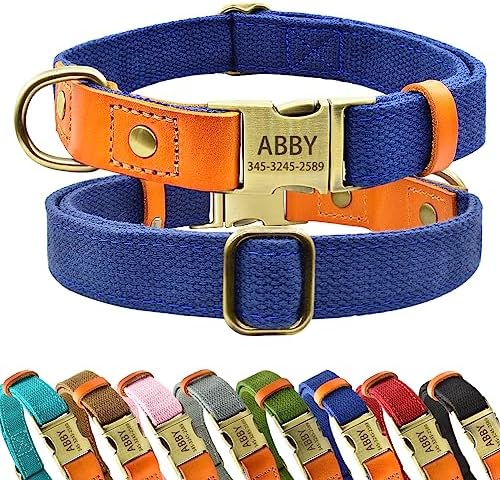 Personalized Dog Collar with Engraved Buckle for Small Medium Large Dogs, Custom Nylon & Genuine Leather Sewing Dog Collar with Name (L(1.0''*15''-23''),Navy)