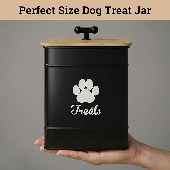 Dog Treat Container Airtight - 6 Inch Wide x 8 Inch Tall Iron Dog Treat Jar for Kitchen Counter with Airtight Bamboo Lid - 12 Cup Capacity Pet Treat Container - Doggie Cookie Jar - Big Treats Canister