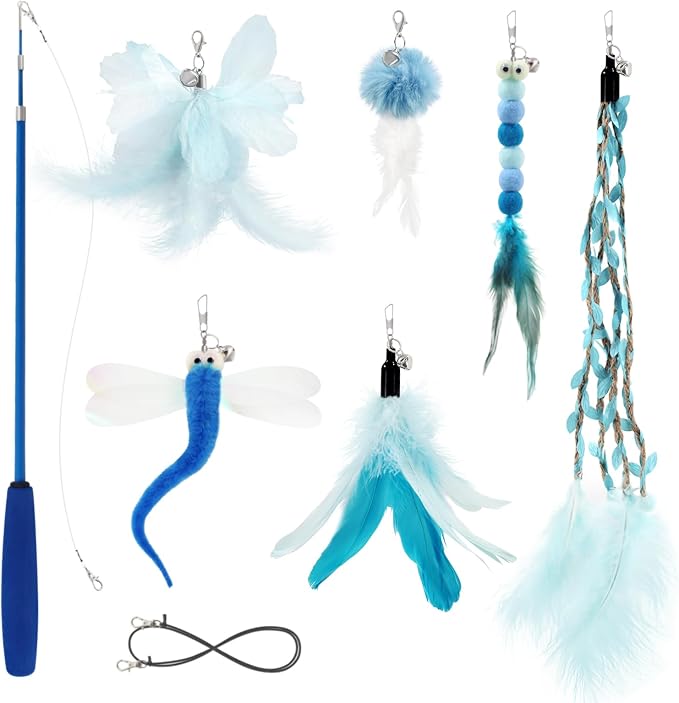 SONGWAY Cat Wand Toys for Indoor Cats - Cat Toy Set with Retractable Teaser Wand and 6 PCS Fairy Feather Toy Refills, Dragonfly Tassel Plush Cat Toys Interactive, Blue
