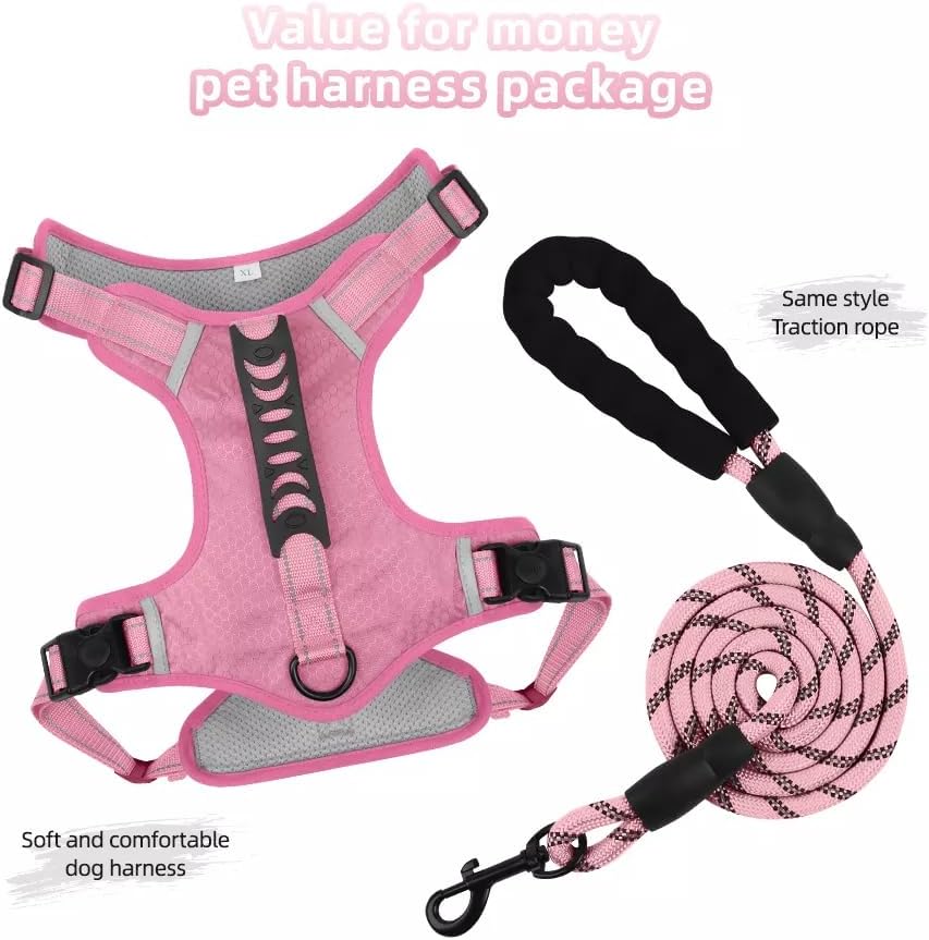Dog Harness No Pull Adjustable Reflective,for Medium and Large Small Dog with Leash 59.06in (Pink, XL)