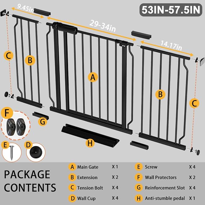 Fairy Baby Extra Wide Baby Gate Black 53-57.5 Inch Wide, Walk Through Pressure Mounted No Drill for Doorways, Long and Large Tension Gate for Pet and Kids