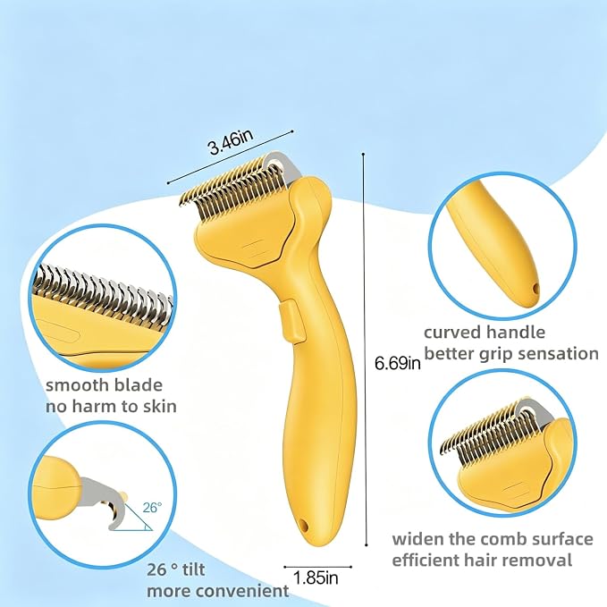 Undercoat Rake for long haired Cats & Small/Medium Dogs – Deshedding Brush & Dematting Comb for Double-Coated Pets with Long Hair, Matted Fur – Grooming Tool for Kitten, Puppy and Rabbit (yellow)