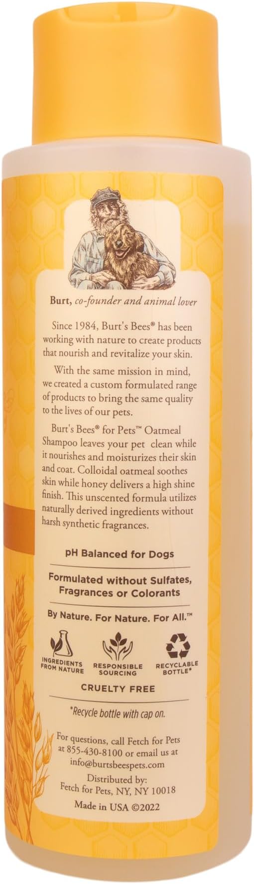 Burts Bees for Pets Oatmeal Dog Shampoo with Honey, Unscented, 16 Fl Oz | Soothing colloidal oat flour formula for itchy, sensitive dog skin, pH-balanced and sulfate-free for regular use