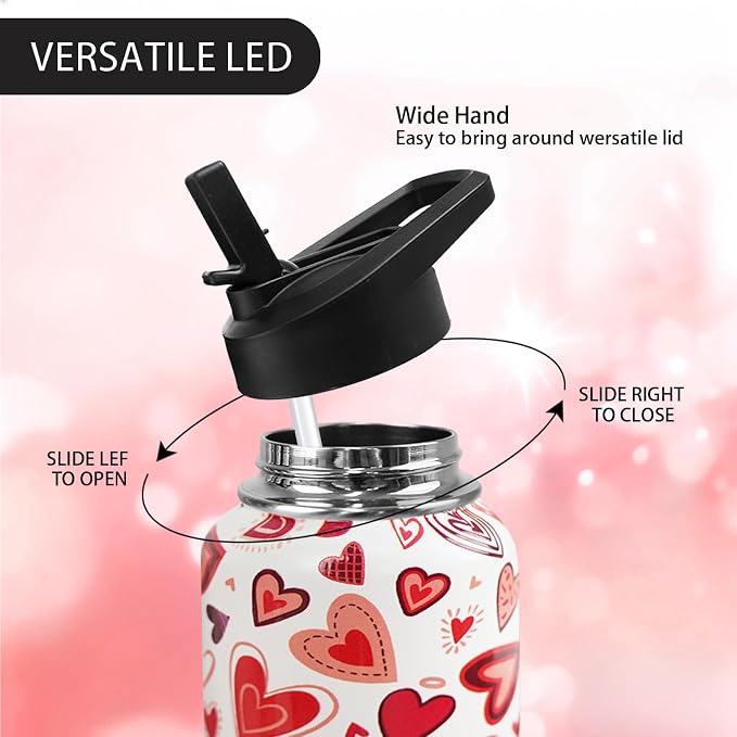 32oz Valentine Insulated Aater Water Bottle with Straw,Pink Gym Hiking Sports Coffee Mug Cup Water Bottles,Valentine Gifts for Women,Valentine Decor Stuff Accessories