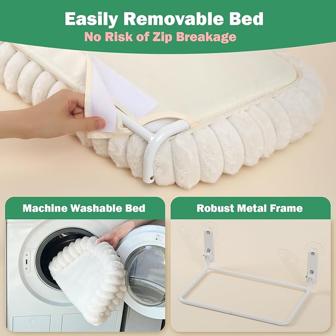 Zakkart SnugCloud Foldable Cat Window Perch - Cordless, Ultra Soft Machine Washable Bed with 4-Sided Bolster, Metal Frame - Window Hammock for Large Cats and Kittens (Cream White, Large)