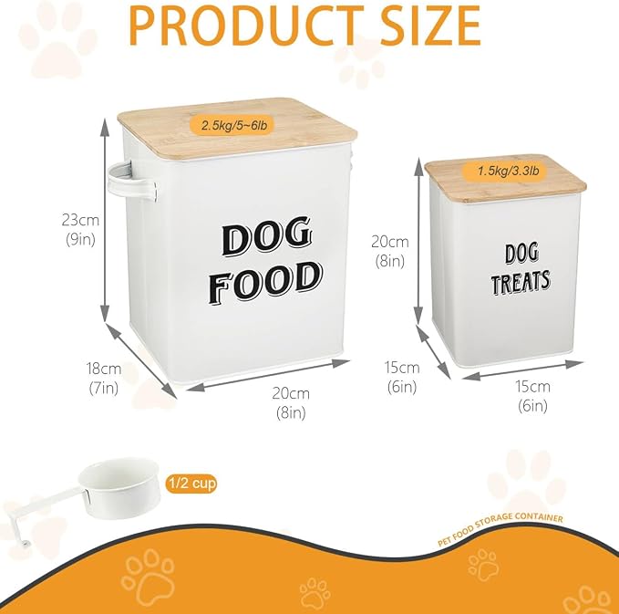 Pethiy Dog Food and Treats storage tin Containers Set with Scoop for Dogs-Tight Fitting Wood Lids-Coated Carbon Steel-Storage Canister Tins-White
