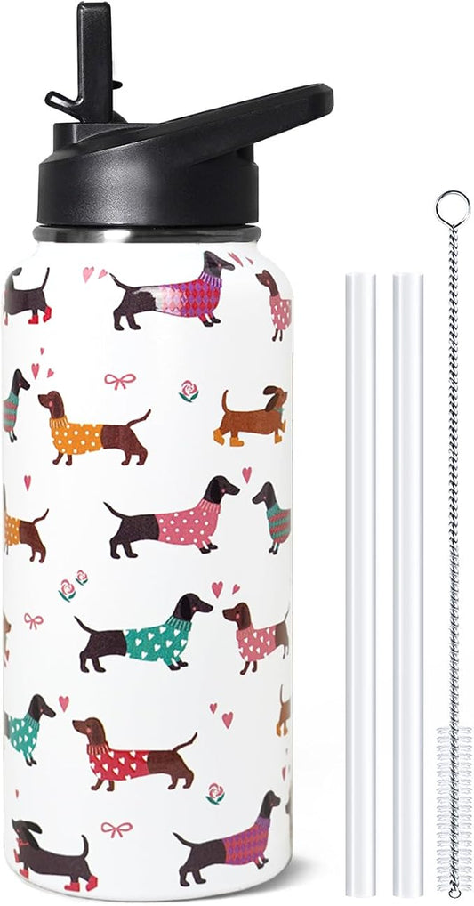 32oz Dachshund Insulated Stainless Steel Sports Water Bottle with Straw, Hiking, Cycling, Gym, Dog Gifts for Women