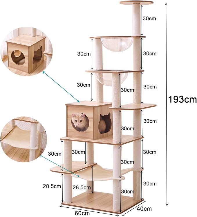 76-Inch Multi-Pure Wood-Level Cat Tree Tower with Condo, 16 Soft Plush Scratching Post,2 Space Capsule, with Cat Hammock,5-Story Perching Platform,Cat Tree for Large Cats.（1115）