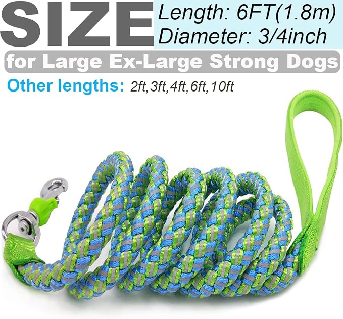 2/3/4/6/10 Foot Reflective Dog Leash Strong Nylon Rope Braided Heavy Duty for Large and Medium Small Dogs Walking Training Leads (Green, 6ft * 3/4")
