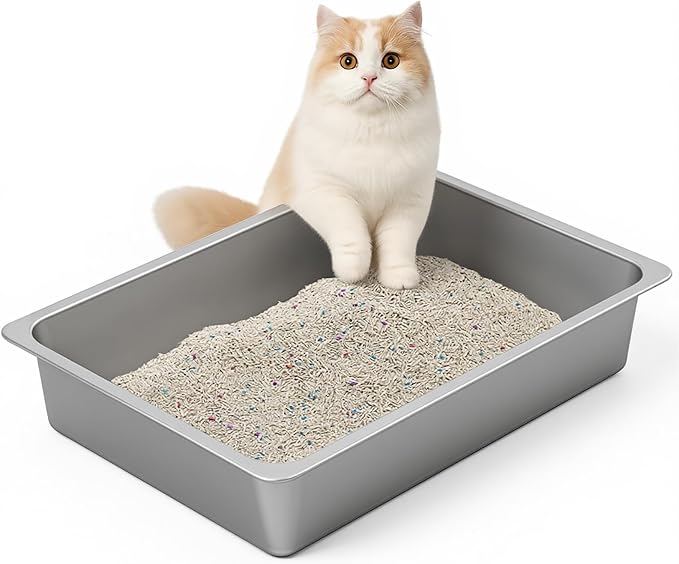 Kirecoo Stainless Steel Litter Box, Large Low Entry Metal Cat Pan Box, Indoor Litter Tray, Non Stick, No Smell, Easy to Clean, Pet Toilet Supplies for Cats