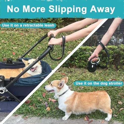 PetBonus Dog Leash Wrist Strap, Safety Strap for Retractable Leash, Lockable Reflective Short Dog Lead with Adjustable Soft Padded Handle for Walking, Extra Layer Security for Pet Stroller (Black)