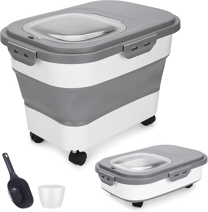 Dog Food Storage Container 17 lb, Airtight Pet Food Storage Containers with Wheels & Removable Sealed Lid, Collapsible Cat Food Containers Dry Food with Scoop and Measuring Cups