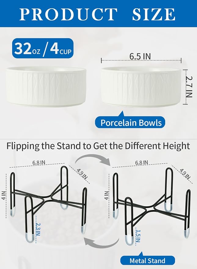 32 oz Ceramic Dog Cat Bowls with Elevated Metal Stand | 6.5 Inch Wide, 2 Heights, Round Pet Food and Water Feeder Bowl Dish, for Cats & Dogs, White & Grey