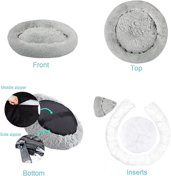SAVFOX 54 inches Calming Donut Dog Bed - 3X Durable Plush Faux Fur, Machine Washable & Non-Slip, Fits up to 210 lbs, Removable Cover, Light Grey