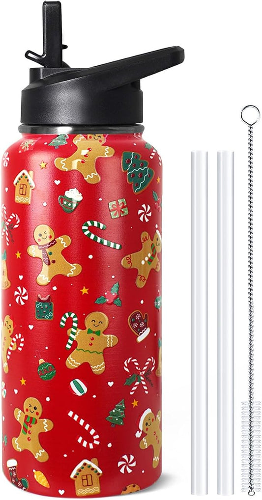 32oz Christmas Gingerbread Insulated Aater Water Bottle with Straw Gym Hiking Sports Coffee Mug Cup Water Bottles,Christmas Gifts for Women,Christmas Decor Stuff Accessories