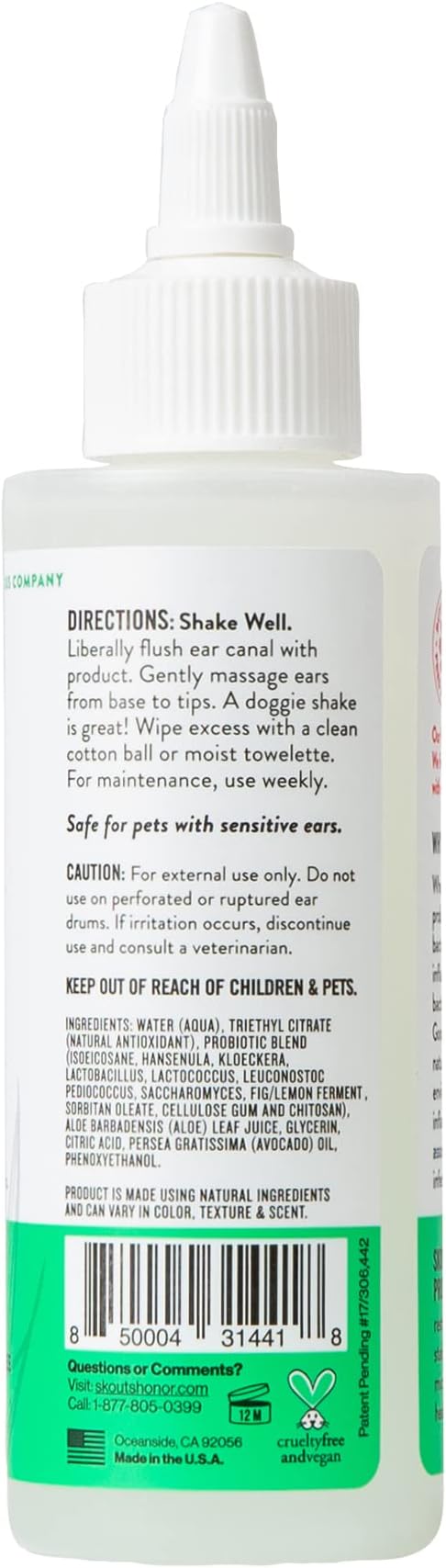 SKOUT'S HONOR Probiotic Dog Ear Cleaner, 4 oz | Non-Medicated Gentle Ear Cleaning Solution for Itchy Ears, Microbiome-Friendly with Aloe Vera, Alcohol-Free, Unscented