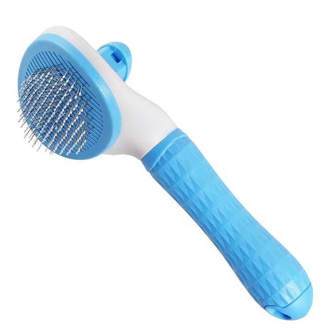 1Pc Cat Hair Brush Self Cleaning Slicker Brush with Release Button Pet Grooming Tool Skin Friendly Deshedding Brush for Dogs and Cats Easy Clean Blue 7.48 x 3.94 in