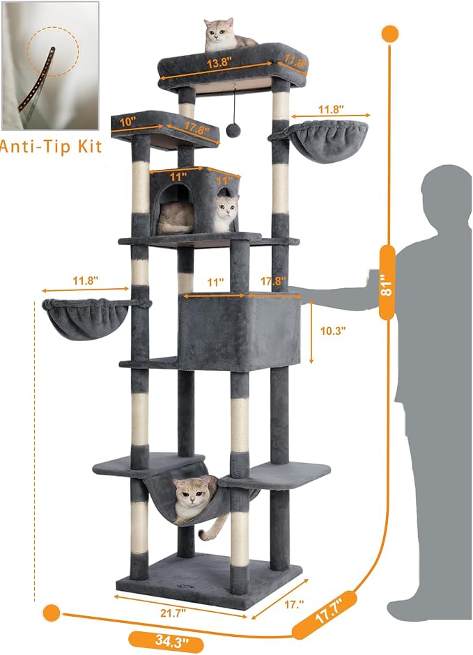 Cat Tree, 81-Inch Tall Cat Tower with Scratching Post, Plush Multi-Level Cat Condo with 2 Perches, 2 Caves, 2 Basket, Hammock for Indoor Cats Grey