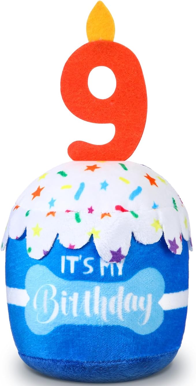 Dansydaisy Dog Birthday Cake Toy Squeaky Plush Toy for Girl Boy Gifts, Chew Accessories for Dog Birthday Party Decor Favor for Large, Medium and Small Dogs(9th,Blue)