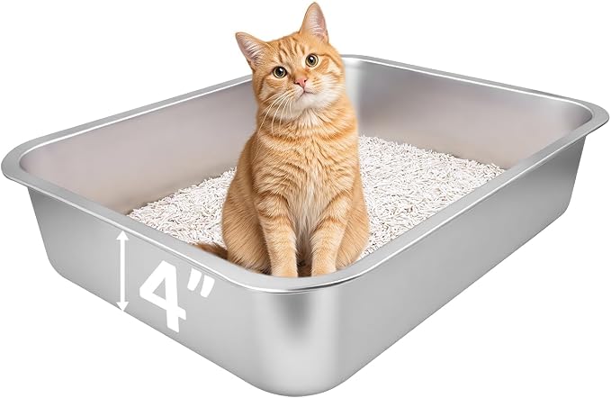 Small Stainless Steel Litter Box, 17.5"×13.6"×4" Metal Litter Box Low Side Easy Entry, Rust-Proof, Non Stick, No Smell, Easy to Clean for Kittens, Elderly Cats, Rabbits