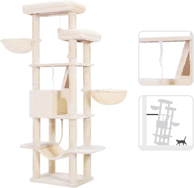 Heybly Cat Tree, 68 inch Multi-Level Cat Tower for Indoor Cats HCT025M | Cat Condo with 2 Widened Plush Perches, 2 Cozy Baskets, Scratching Board and Big Caves, Beige