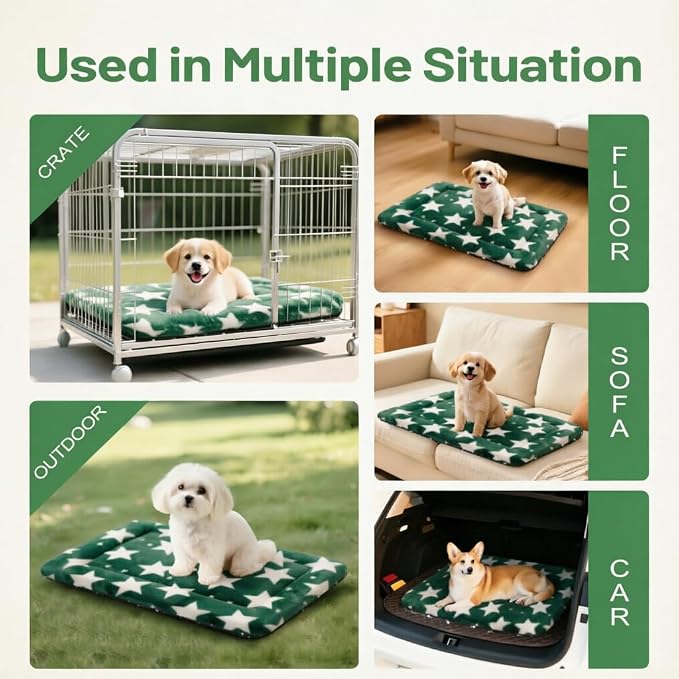Dog Bed Mat, Reversible Crate Pad & Cute Dog Bed - Machine Washable Kennel Mat with Ultra Soft (Big&Small Stars Green, 18" L x 14" W x 1.5" Th)