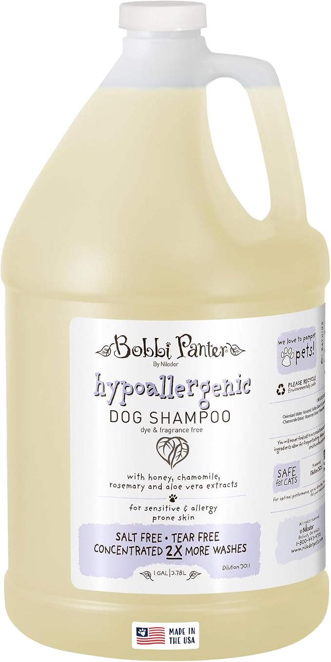 Bobbi Panter Hypoallergenic Dog Shampoo Honey, Aloe Vera, Chamomile & Rosemary – Dye & Fragrance Free Natural Formula for Sensitive & Allergy Skin, Tear-Free, 30:1 Concentrate, 1 Gallon (Case of 4)