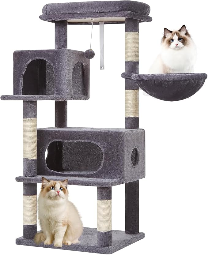 Taoqimiao Cat Tree, 49In Cat Tower for Indoor Cats Large Adult | 2 Luxurious Cat Condos, Thick Padded Top Perch, Adjustable Hanging Baskets, 5 Scratching Sisal Posts, Smoky Gray MS029LG