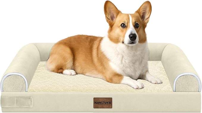 NANUYA Orthopedic Dog Bed for Medium Dogs, 30 x 20 Inch, Beige | Egg crate foam for joint support, 3-sided bolster pet sofa, waterproof lining, washable cover, and non-skid base