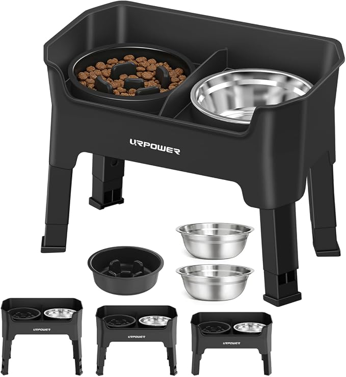URPOWER 3-in-1 Elevated Dog Bowls - Mess Proof Double Deck 4 Height Adjustable Raised Stand with 2 Stainless Steel Food Bowls & 1 Slow Feeder for Small Dogs
