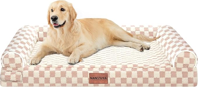 NANUYA Orthopedic Dog Bed for Large Dogs, 36 x 27 Inch, Pink Grid | Egg crate foam for joint support, 3-sided bolster pet sofa, waterproof lining, washable cover, and non-skid base