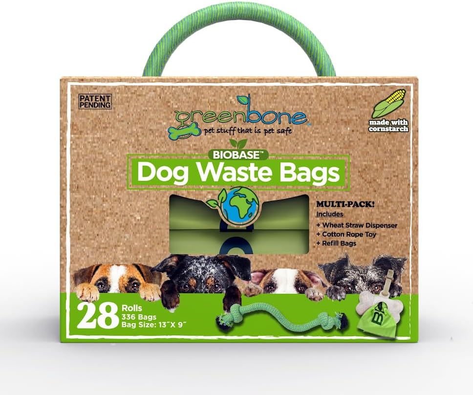 Greenbone BioBase Green Dog Poop Bag Refills: 28 Rolls - 336 Bags with Dispenser and Rope Toy Handle- Dog Gift Set