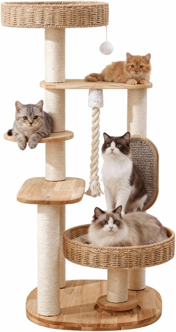 48in Natural Wood Cat Tree for Large Cats, Big Modern Cat Tower | Sturdy Cat Condo, Tall Modern Design, with Scratching Post and Hand-Woven Cat Basket, for Multi Adult Cats, Easy to Clean