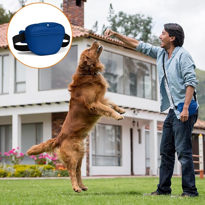 AOMIG Dog Treat Pouch with Training Clicker, 1.67 Cup Silicone Dog Treat Bag with Stronger Magnetic Closure, Portable Pouches for Pet Training Walking Premium Fanny Pack with Waist Belt(Dark Blue) | Silicone Bag Treats, Training, Portable, Dark Blue