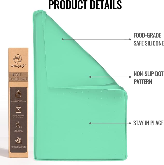MateeyLife Dog & Cat Food Water Mat for Floors Waterproof, Nonslip Pets Bowl Feeding Mats with Raised Edges, Silicone Matt Tray for Messy Drinkers, 18"x12",MintGreen
