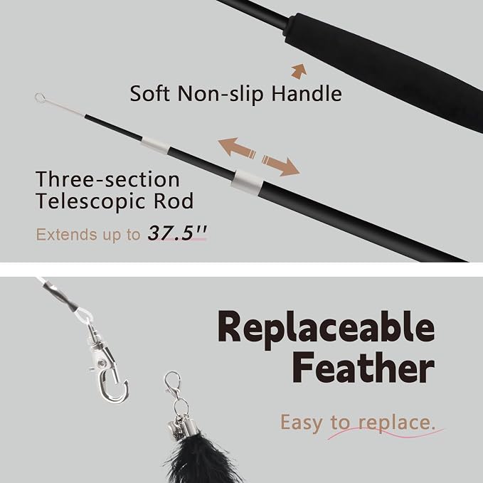 SONGWAY Cat Wand Toys for Indoor Cats - Cat Toy Set with Retractable Teaser Wand and 6 PCS Feather Toy Refills, Dragonfly Tassel Cat Toys Interactive, Black