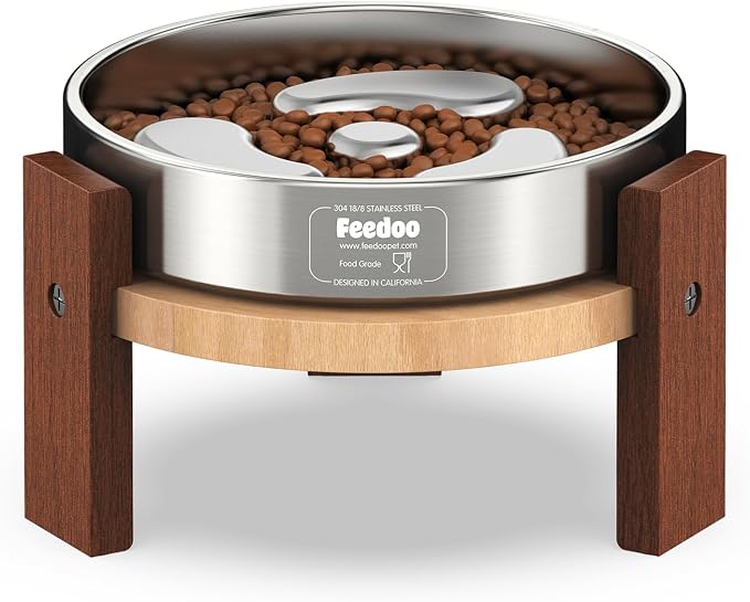 Feedoo Elevated Dog Bowl Stand, 4'' Height Raised Stand for Small Dogs, Includes 1Cup Stainless Steel Slow Feeder Dog Bowl, Durable Solid Hardwood