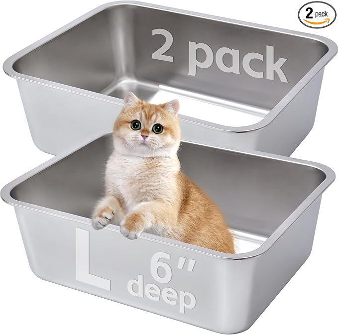 Stainless Steel Litter Box 2 Pack，Metal Litter Box,Cat Litterbox | Easy to Clean，Supplies for Kitten, Kitty, Medium Cat，Rabbit, 6" High Side Stainless Steel LitterBox, No Smell