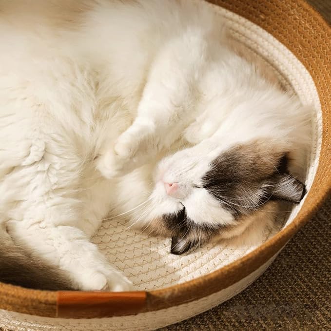 Handwoven Cotton Rope Cat Bed - Breathable & Easy to Clean, Foldable Scratchable Hammock with Cat Ear Design, with a Playing Ball for Kittens - Large Brown